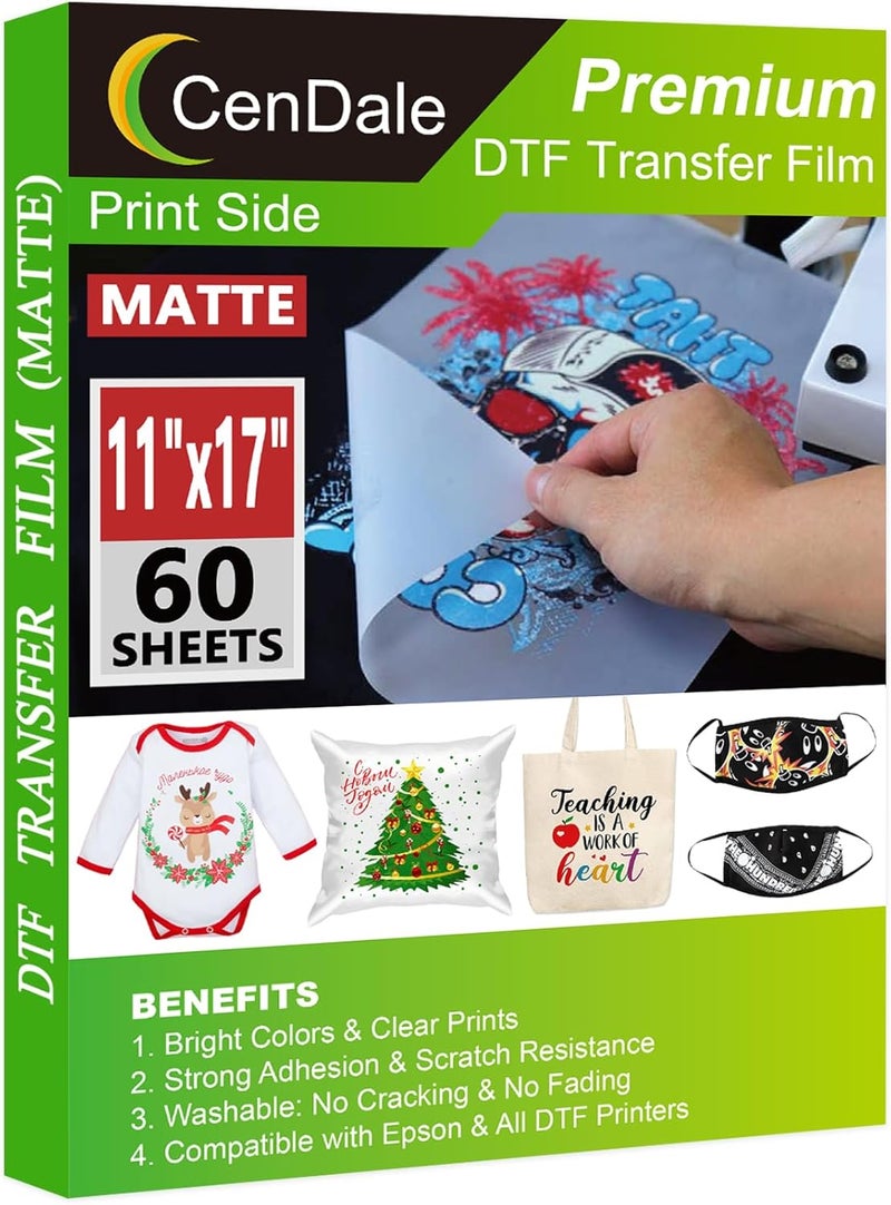 CenDale DTF Transfer Film 11"x17" - 60 Sheets Double-Sided Matte DTF Film for Sublimation Hack on Cotton, Direct to Film Printing on Dark and Light T-Shirts Textile, Hot & Cold Peel DTF Paper - Image 1
